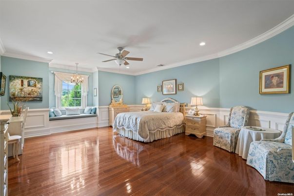 Bedroom, Chandelier, Interior, Recessed Lighting, Wood Texture Flooring