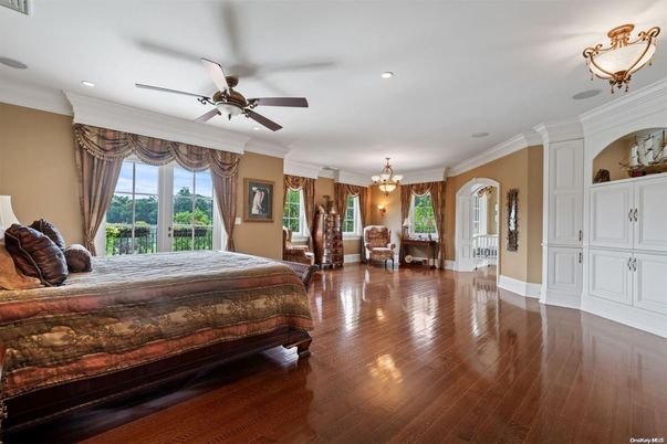 Bedroom, Chandelier, Interior, Recessed Lighting, Wood Texture Flooring