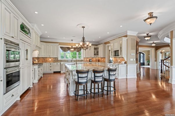 Chandelier, Interior, Kitchen, Recessed Lighting, Stainless Steel Appliances, Wood Texture Flooring
