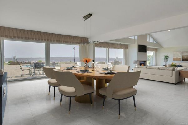 Dining room, Fireplace, Interior, Living room, Pendant Lights, Water