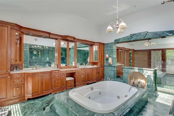 Bathroom, Dual Sink Vanities, Fireplace, Glass Shower, Interior, Pendant Lights