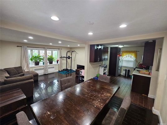 Dining room, Fitness Equipment, Interior, Living room, Recessed Lighting, Wood Texture Flooring