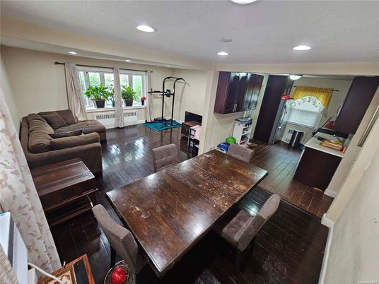 Dining room, Fitness Equipment, Interior, Living room, Recessed Lighting, Wood Texture Flooring