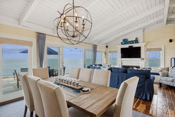 Chandelier, Dining room, Fireplace, Interior, Living room, Water, Wood Texture Flooring
