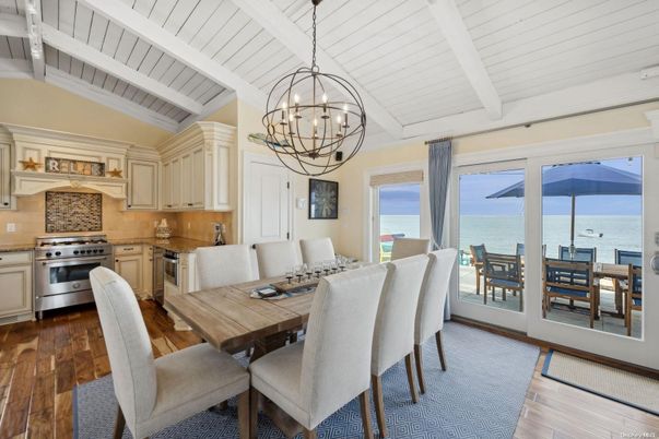 Chandelier, Dining room, Interior, Kitchen, Stainless Steel Appliances, Water, Wood Texture Flooring