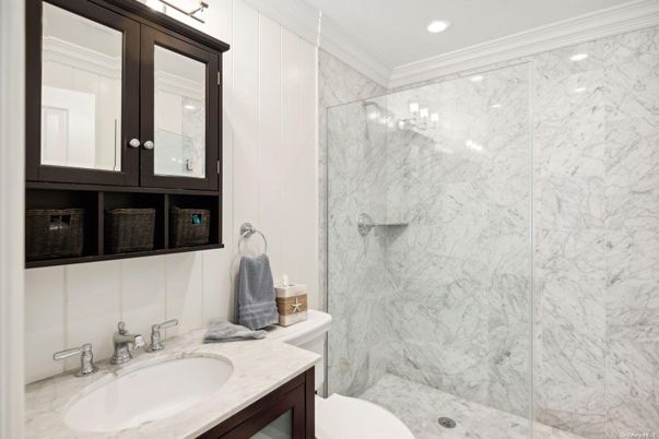 Bathroom, Glass Shower, Interior, Marble Walls, Recessed Lighting