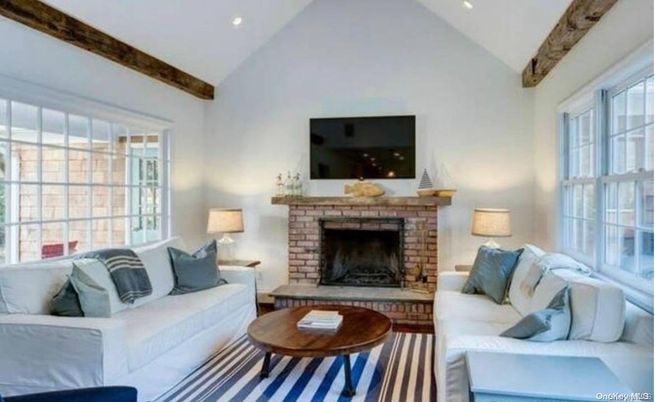 Fireplace, Interior, Living room, Recessed Lighting, Wooden Beams