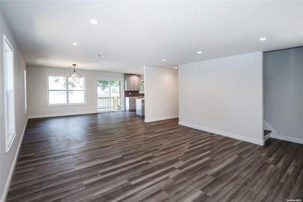 Empty room, Interior, Kitchen, Recessed Lighting, Wood Texture Flooring
