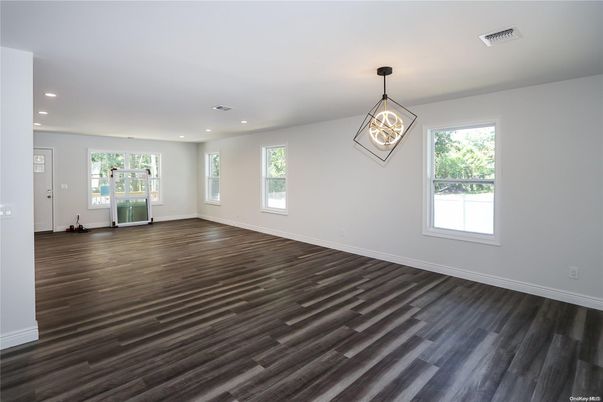 Empty room, Interior, Pendant Lights, Recessed Lighting, Wood Texture Flooring