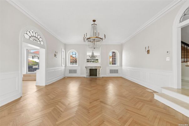 Chandelier, Empty room, Fireplace, Interior, Wood Texture Flooring