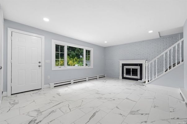 Empty room, Fireplace, Interior, Marble, Recessed Lighting