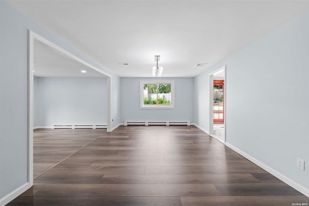 Chandelier, Empty room, Interior, Recessed Lighting, Wood Texture Flooring