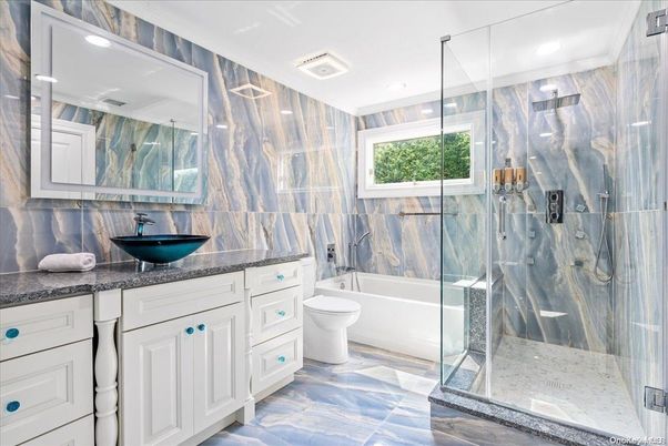 Bathroom, Glass Shower, Interior, Marble Walls, Recessed Lighting
