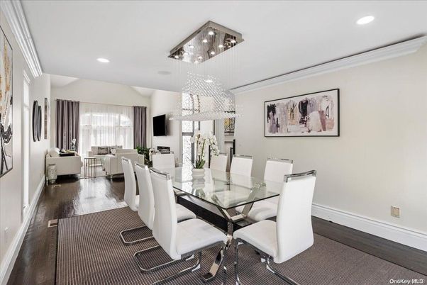 Chandelier, Dining room, Interior, Living room, Pendant Lights, Recessed Lighting, Wood Texture Flooring