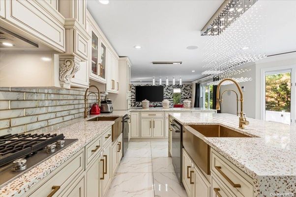 Interior, Kitchen, Marble, Pendant Lights, Recessed Lighting, Stainless Steel Appliances
