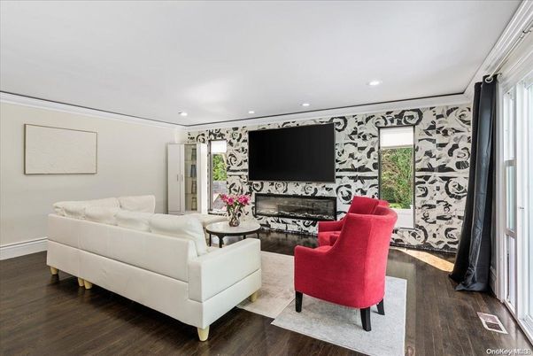 Fireplace, Interior, Living room, Recessed Lighting, Wood Texture Flooring
