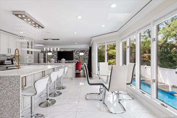 Dining room, Interior, Kitchen, Marble, Pendant Lights, Recessed Lighting