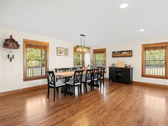 Dining room, Interior, Pendant Lights, Recessed Lighting, Wood Texture Flooring