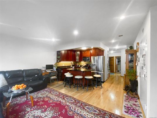 Interior, Kitchen, Living room, Recessed Lighting, Stainless Steel Appliances, Wood Texture Flooring