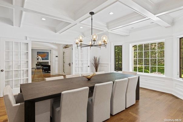 Dining room, Interior, Pendant Lights, Recessed Lighting, Wood Texture Flooring