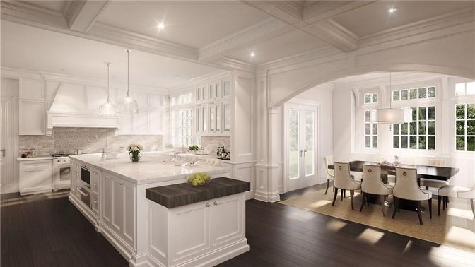 Dining room, Interior, Kitchen, Pendant Lights, Recessed Lighting, Wood Texture Flooring