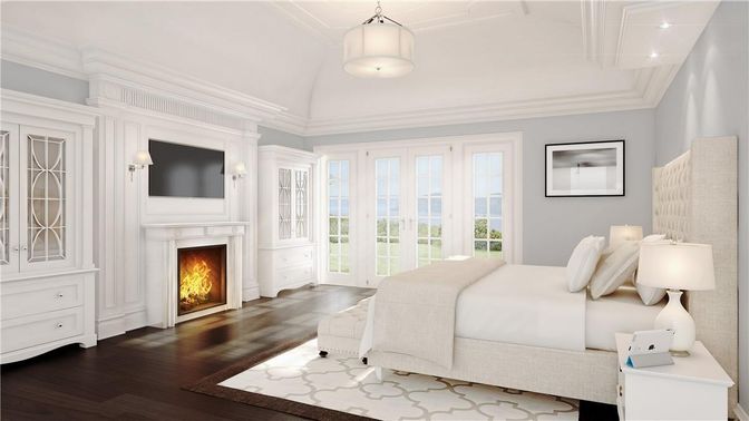 Bedroom, Fireplace, Interior, Pendant Lights, Wood Texture Flooring