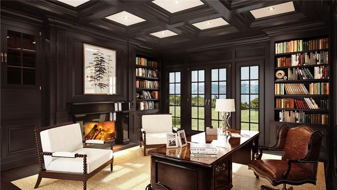 Fireplace, Home Office, Interior, Recessed Lighting, Wooden Beams, Wood Texture Flooring