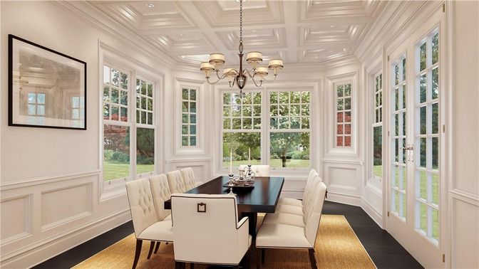 Chandelier, Dining room, Interior, Recessed Lighting, Wood Texture Flooring