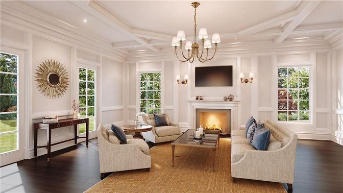 Chandelier, Fireplace, Interior, Living room, Recessed Lighting, Wood Texture Flooring