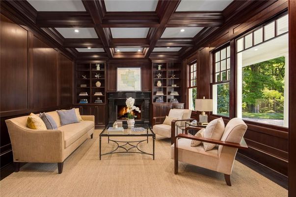Fireplace, Interior, Living room, Recessed Lighting, Wooden Beams, Wood Texture Flooring, Wooden Walls