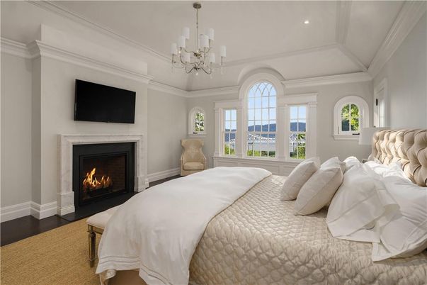Bedroom, Chandelier, Fireplace, Interior, Recessed Lighting, Wood Texture Flooring