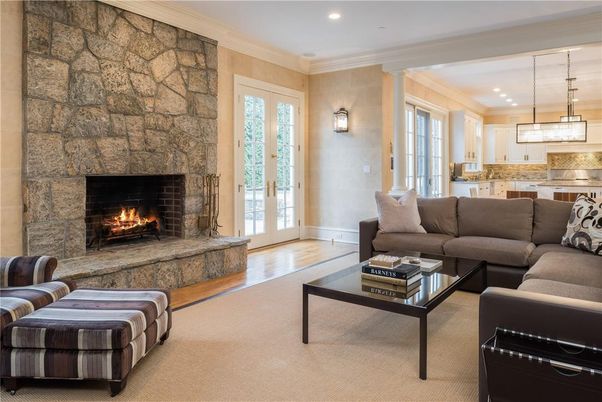 Fireplace, Interior, Kitchen, Living room, Pendant Lights, Recessed Lighting, Stone Walls, Wood Texture Flooring
