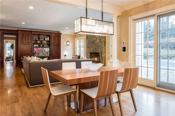 Dining room, Fireplace, Interior, Living room, Pendant Lights, Recessed Lighting, Wood Texture Flooring