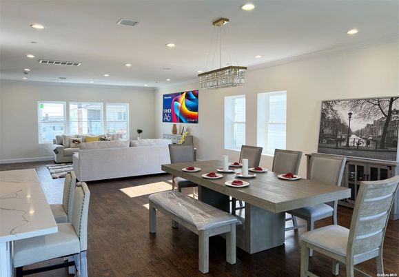 Dining room, Interior, Living room, Pendant Lights, Recessed Lighting, Wood Texture Flooring