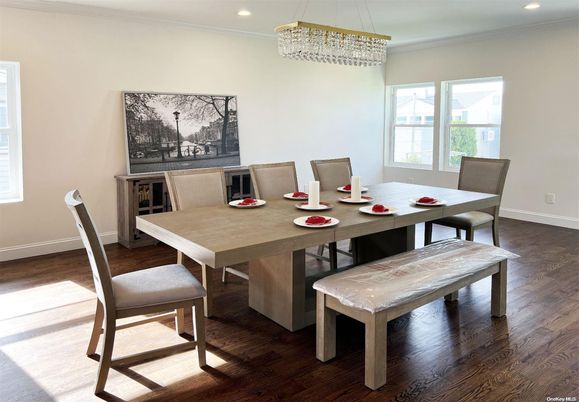 Chandelier, Dining room, Interior, Recessed Lighting, Wood Texture Flooring
