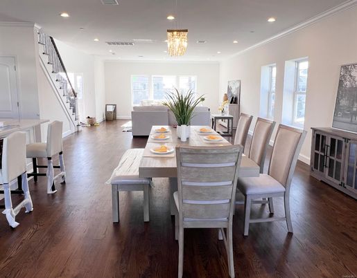 Chandelier, Dining room, Interior, Recessed Lighting, Wood Texture Flooring