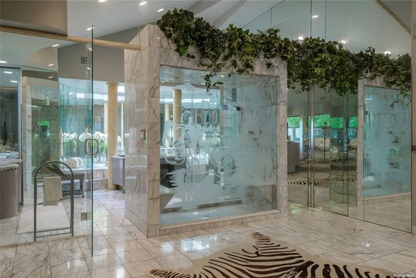 Bathroom, Glass Shower, Interior, Marble, Marble Walls, Recessed Lighting