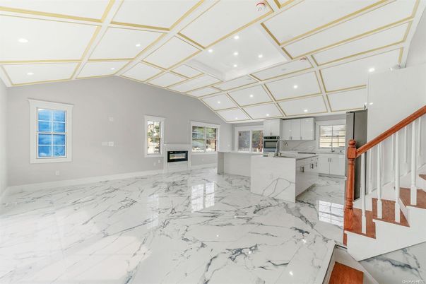 Fireplace, Interior, Kitchen, Marble, Recessed Lighting