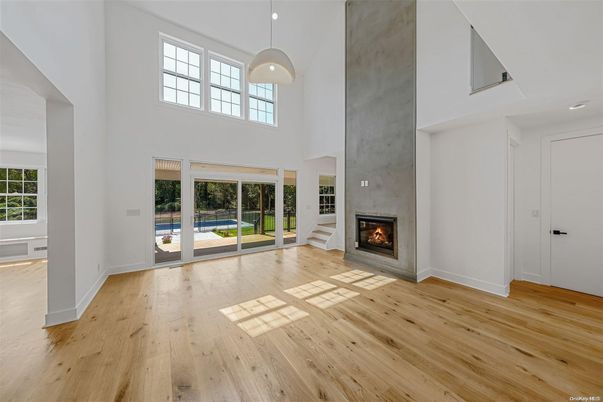 Fireplace, Interior, Pendant Lights, Wood Texture Flooring