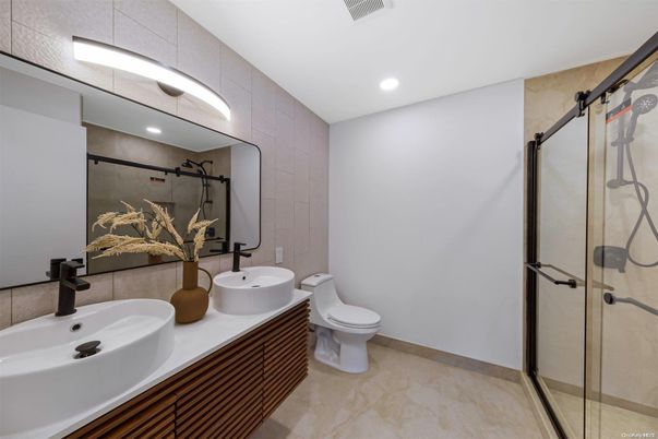 Bathroom, Dual Sink Vanities, Glass Shower, Interior, Recessed Lighting