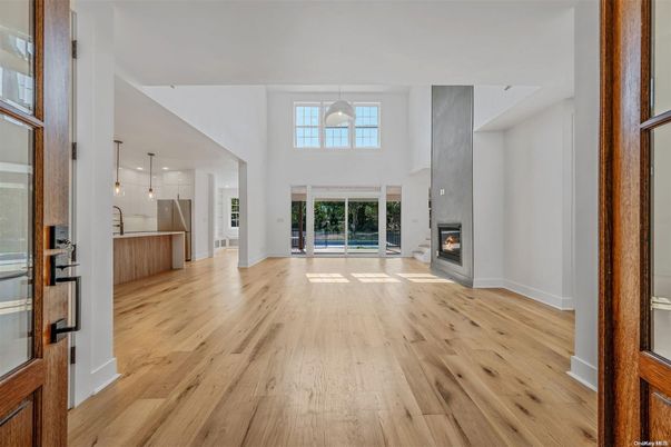 Fireplace, Interior, Kitchen, Pendant Lights, Wood Texture Flooring