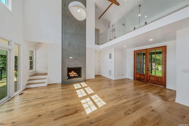 Fireplace, Interior, Pendant Lights, Recessed Lighting, Wood Texture Flooring