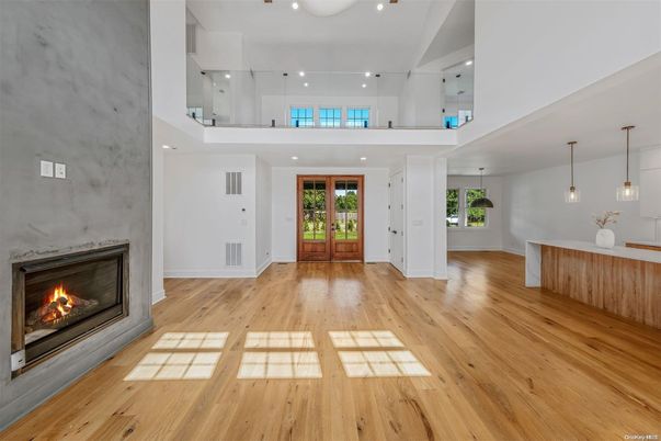 Fireplace, Interior, Pendant Lights, Recessed Lighting, Wood Texture Flooring