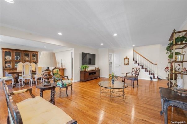 Dining room, Interior, Living room, Recessed Lighting, Wood Texture Flooring