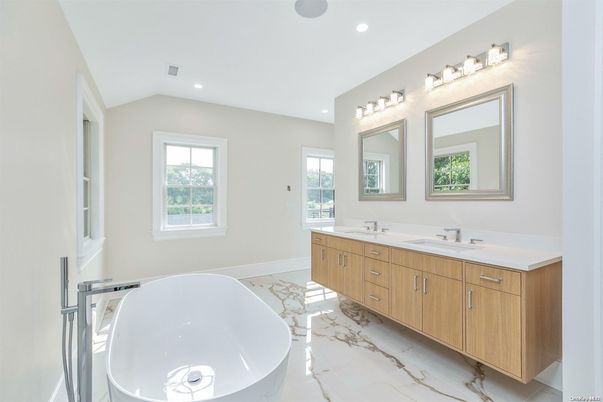 Bathroom, Dual Sink Vanities, Free Standing Baths, Interior, Marble, Recessed Lighting