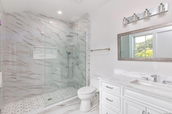 Bathroom, Glass Shower, Interior, Marble, Marble Walls, Recessed Lighting