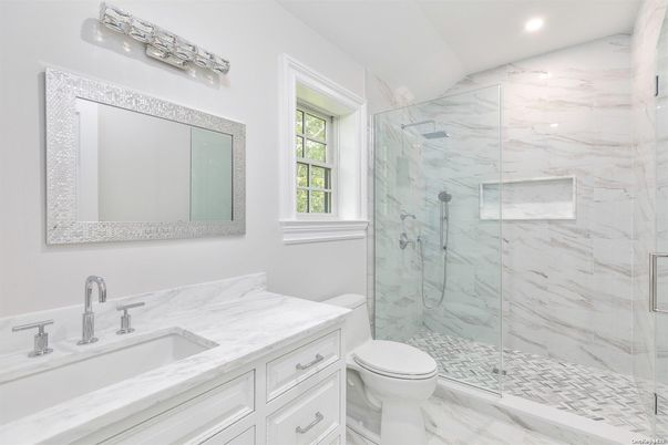 Bathroom, Glass Shower, Interior, Marble, Marble Walls, Recessed Lighting