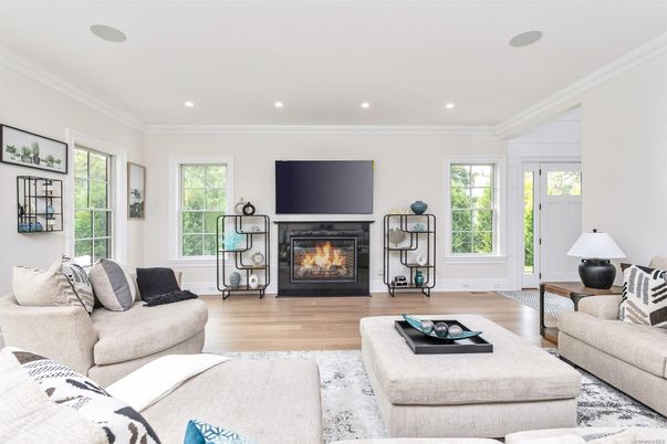 Fireplace, Interior, Living room, Recessed Lighting, Wood Texture Flooring
