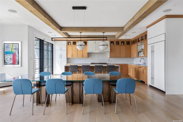 Dining room, Interior, Kitchen, Pendant Lights, Wooden Beams, Wood Texture Flooring
