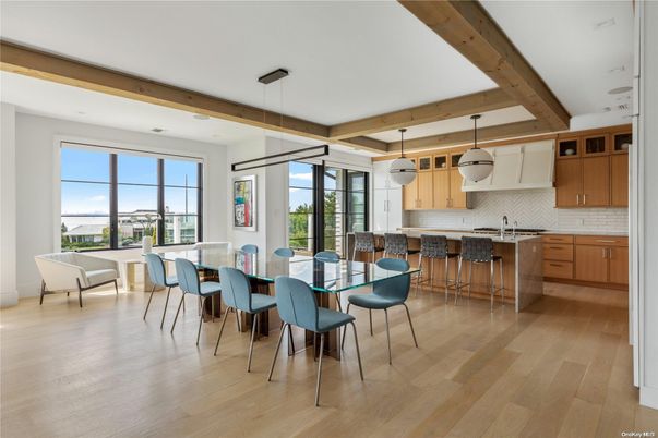 Dining room, Interior, Kitchen, Pendant Lights, Recessed Lighting, Wooden Beams, Wood Texture Flooring